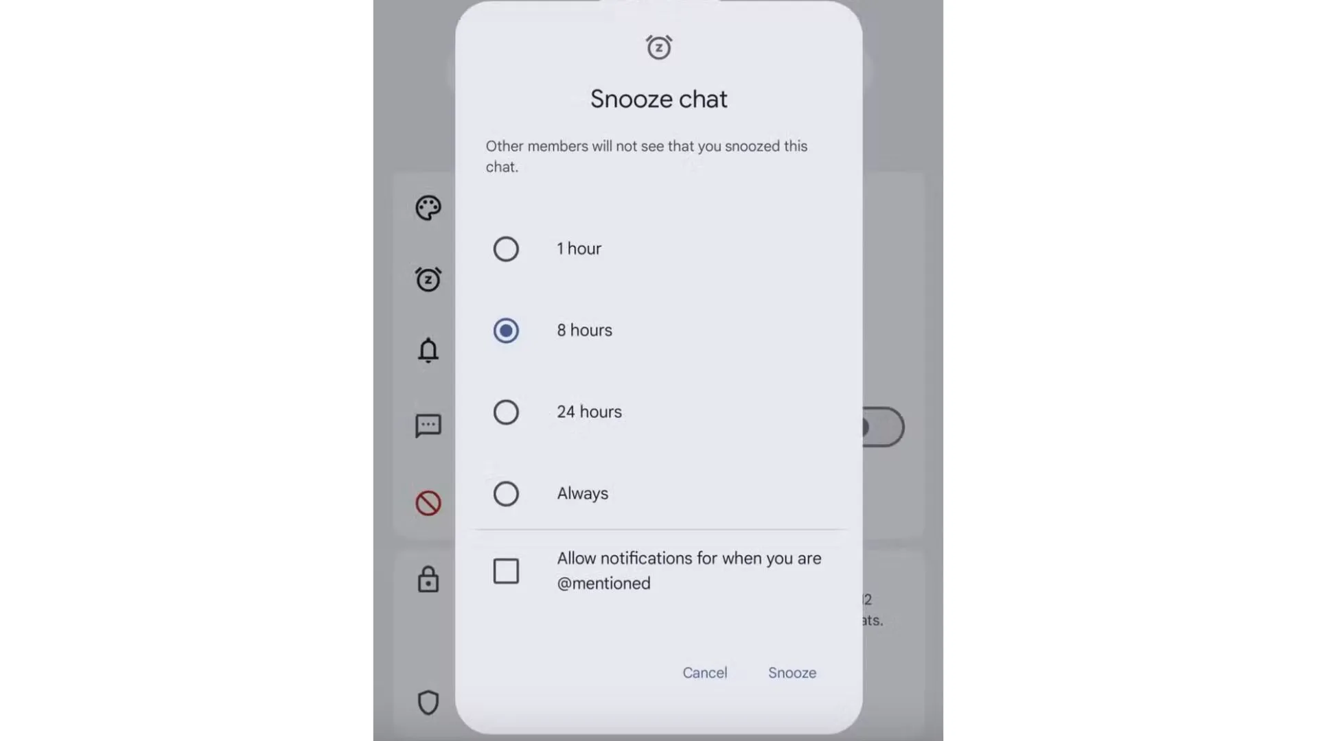 Ảnh chụp màn hình tính năng Ngủ đông chat (Snooze) trong Google Messages