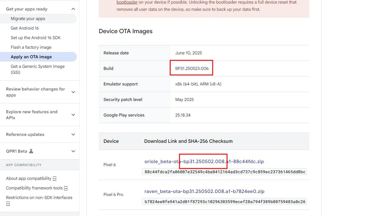 Ảnh chụp màn hình trang web Android Developers cho thấy sự khác biệt giữa số phiên bản bản dựng beta được công bố và phiên bản thực tế của file OTA.