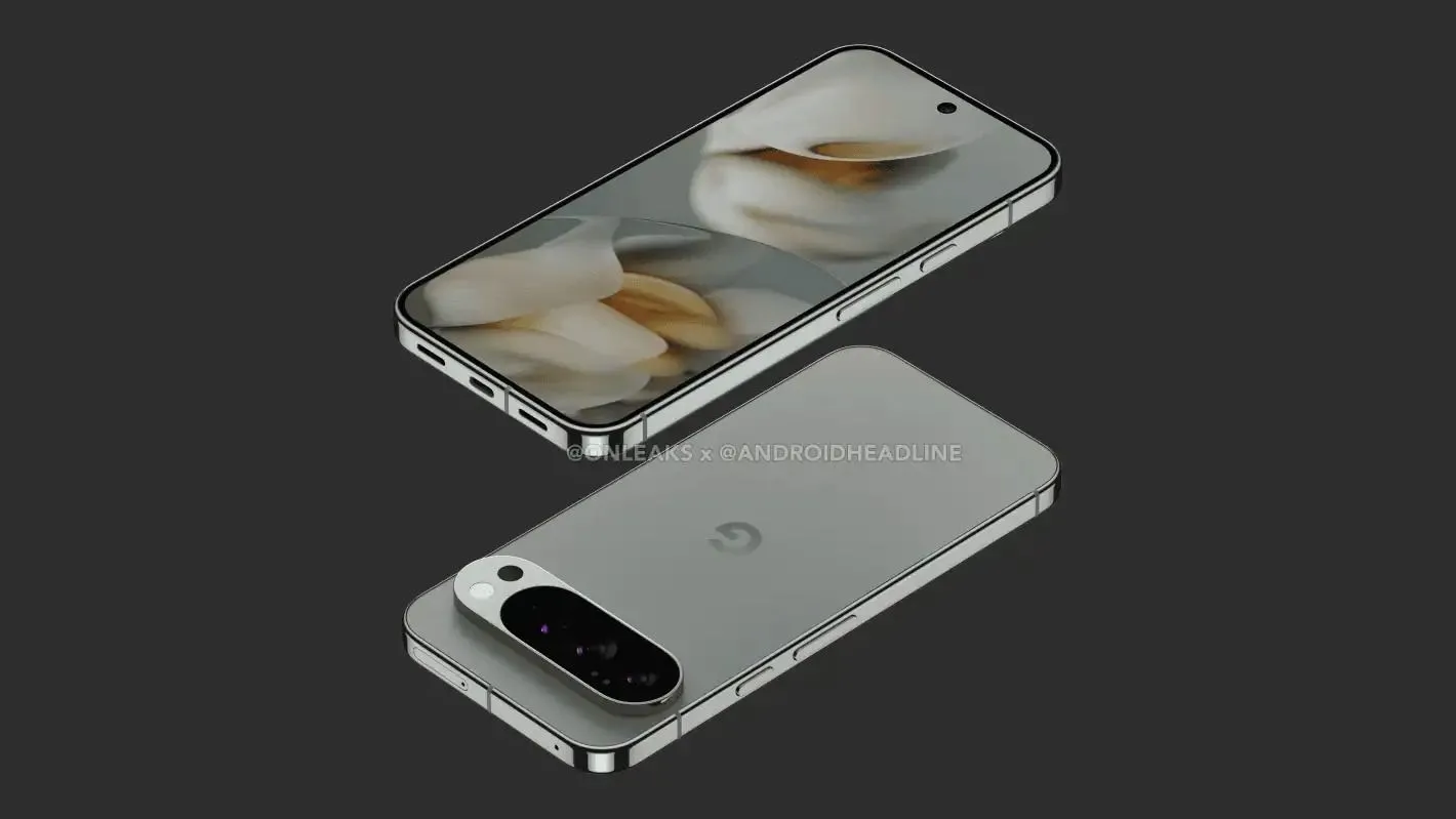 Ảnh render Google Pixel 10 Pro XL với mặt lưng màu xanh và cụm camera