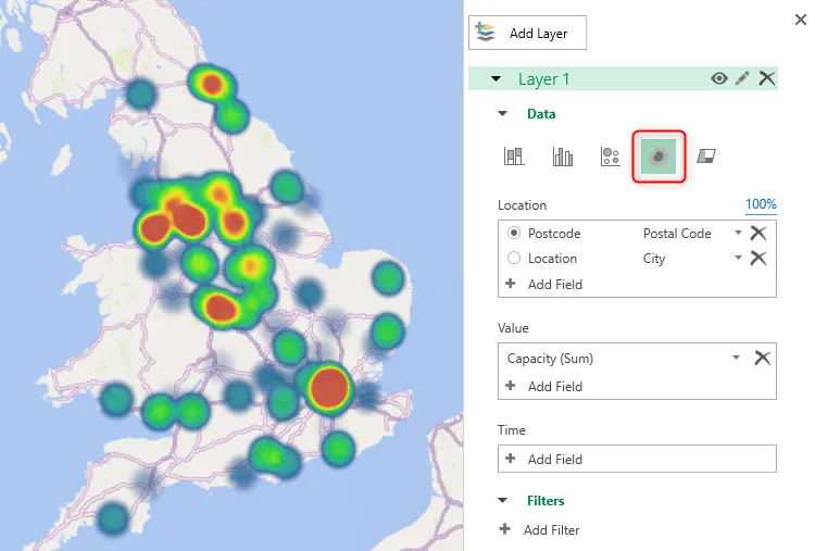 Bản đồ 3D các sân vận động bóng đá ở Anh trong Excel được hiển thị dưới dạng bản đồ nhiệt.