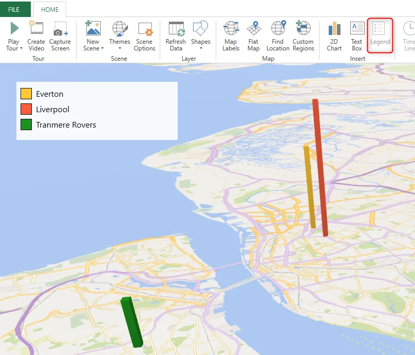 Bản đồ 3D trong Excel hiển thị các sân vận động bóng đá ở Merseyside, Anh, với chú giải chi tiết tên đội.
