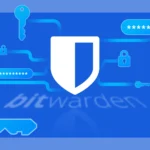 Biểu tượng Bitwarden kết nối với mật khẩu, ổ khóa và chìa khóa, minh họa cho trình quản lý mật khẩu