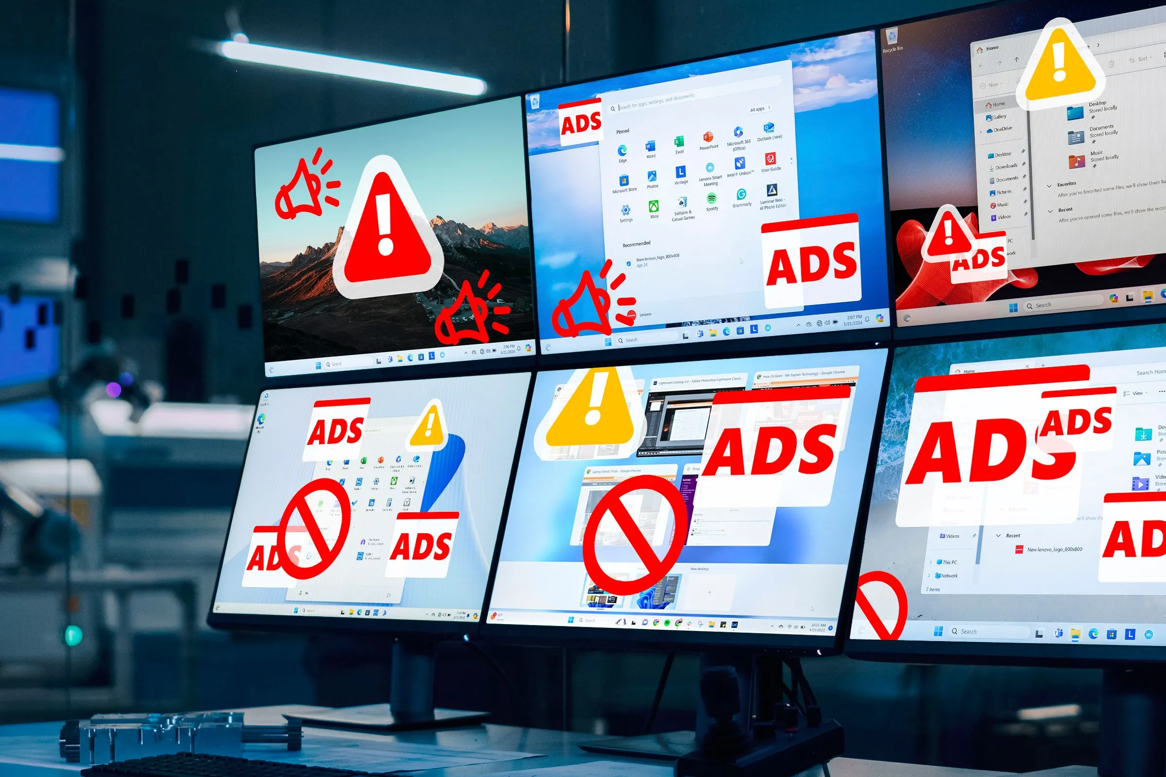 Các màn hình hiển thị Windows 11 với nhiều quảng cáo gây phiền nhiễu cho người dùng.
