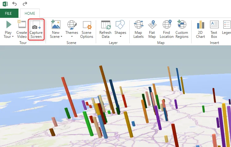 Capture Screen được chọn trong cửa sổ 3D Map của Excel.