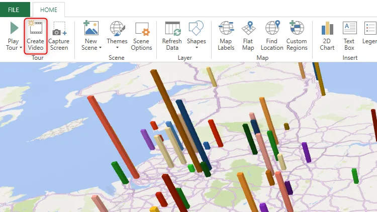 Create Video được chọn trong cửa sổ 3D Map của Excel.
