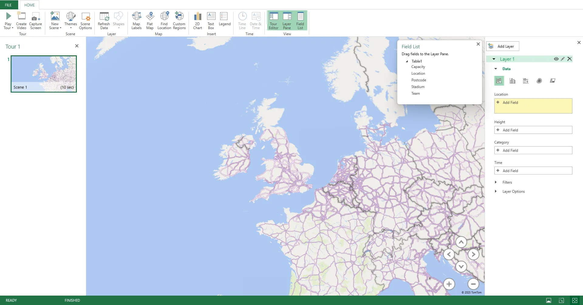 Cửa sổ 3D Map của Microsoft Excel không có dữ liệu trong Ngăn Lớp.