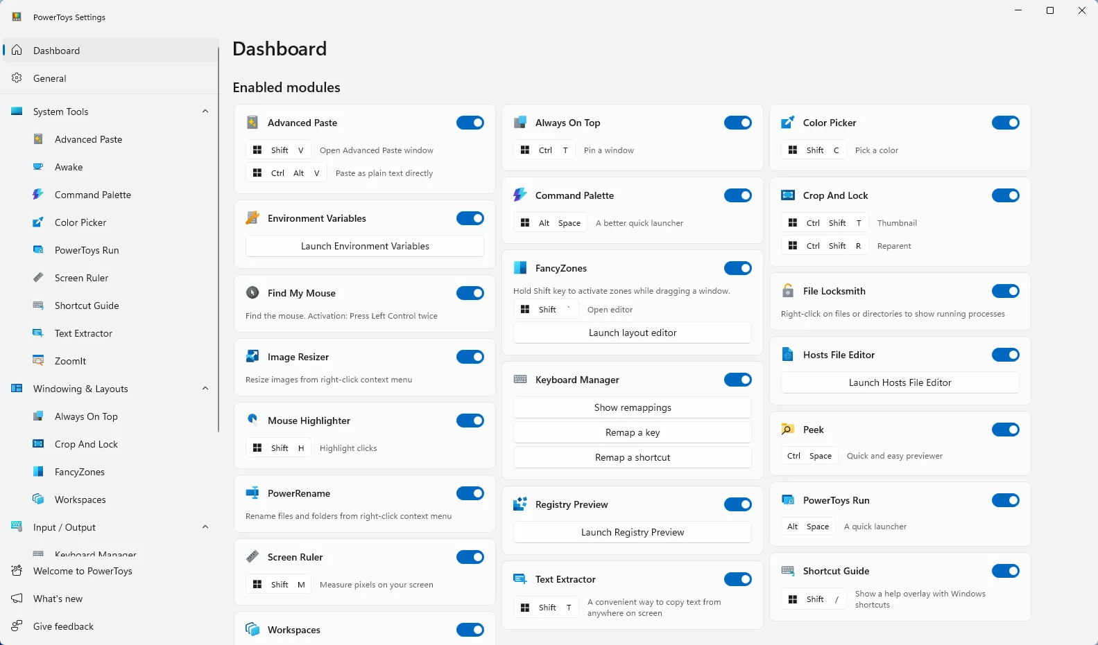Cửa sổ cài đặt đầy đủ của bộ tiện ích Microsoft PowerToys, cho phép cấu hình các công cụ