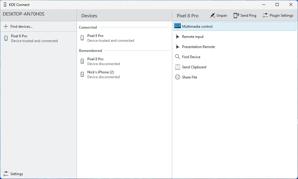Cửa sổ chính của ứng dụng KDE Connect hiển thị trạng thái kết nối giữa điện thoại và máy tính