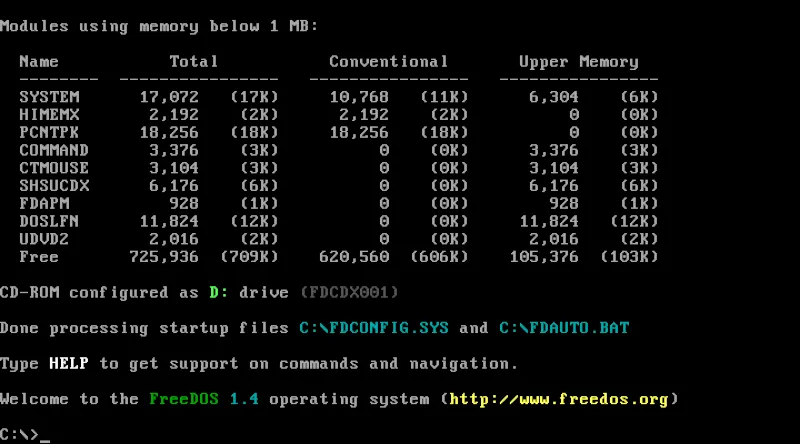 Dấu nhắc lệnh (prompt) của hệ điều hành FreeDOS tại giao diện console.