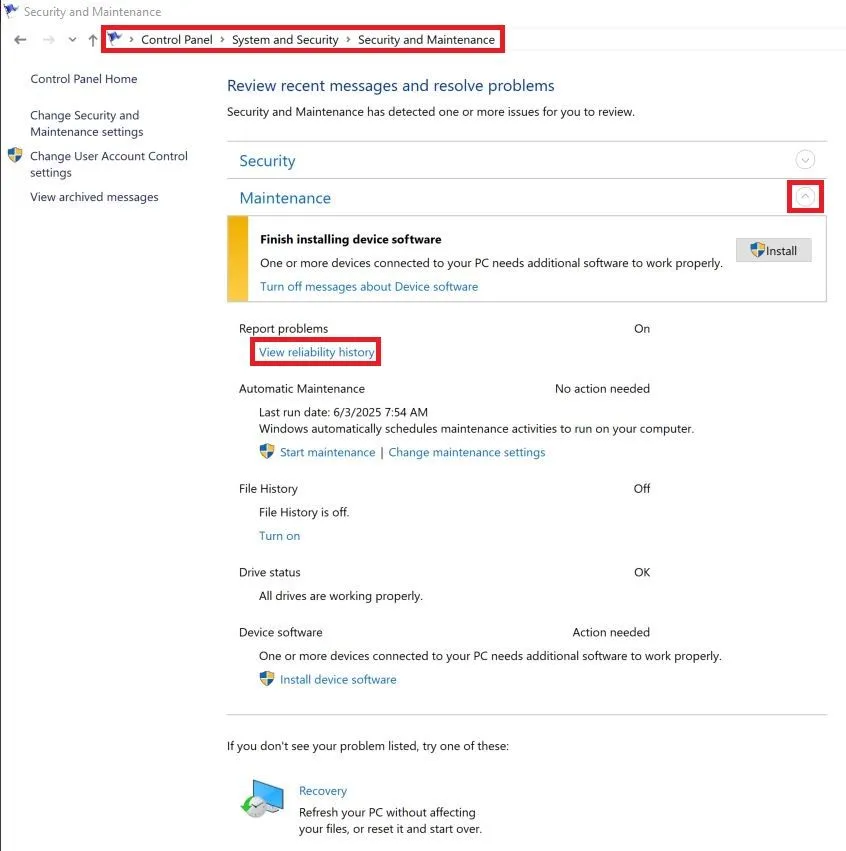 Đường dẫn truy cập Reliability Monitor qua Bảng điều khiển (Control Panel) trên Windows