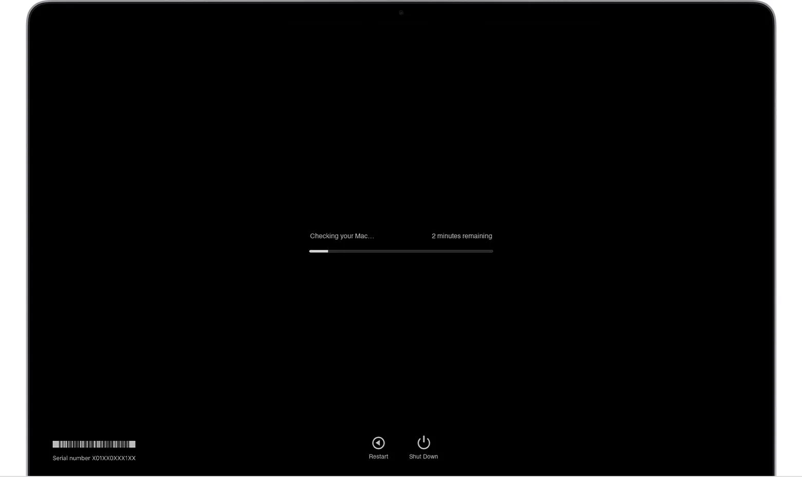 Giao diện công cụ Apple Diagnostics đang chạy trên macOS để kiểm tra phần cứng Mac.