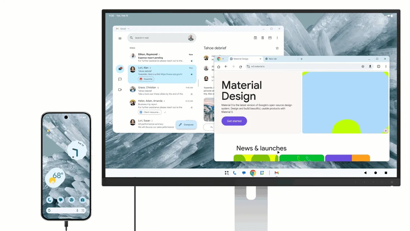 Giao diện cửa sổ ứng dụng nổi trên màn hình desktop Android