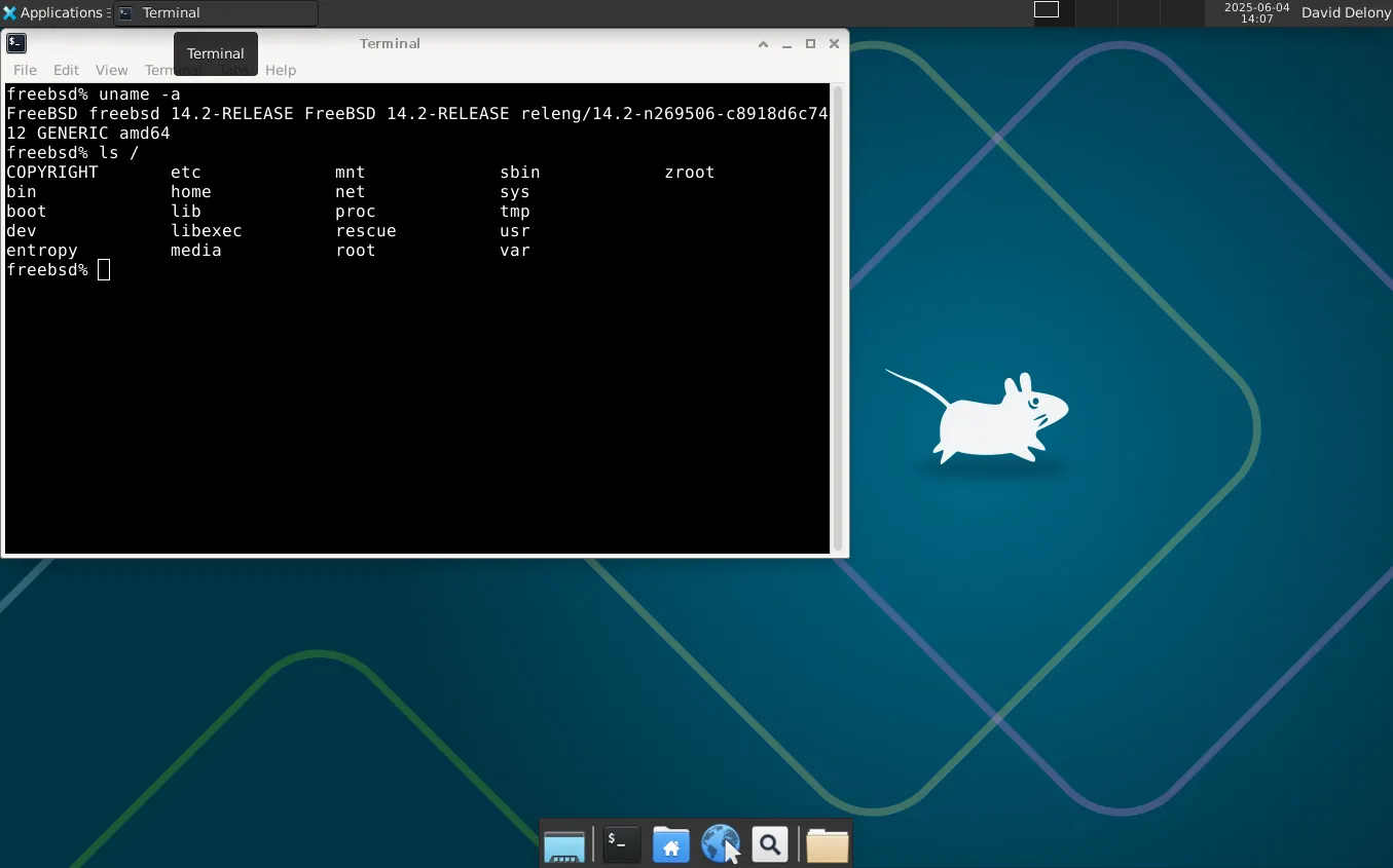 Giao diện desktop Xfce của hệ điều hành FreeBSD, hiển thị cửa sổ terminal.