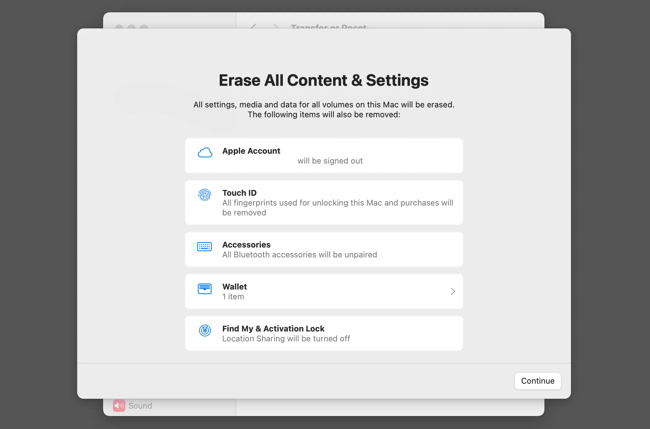 Giao diện Erase Assistant (Xóa Tất cả Nội dung và Cài đặt) trong Cài đặt hệ thống macOS.