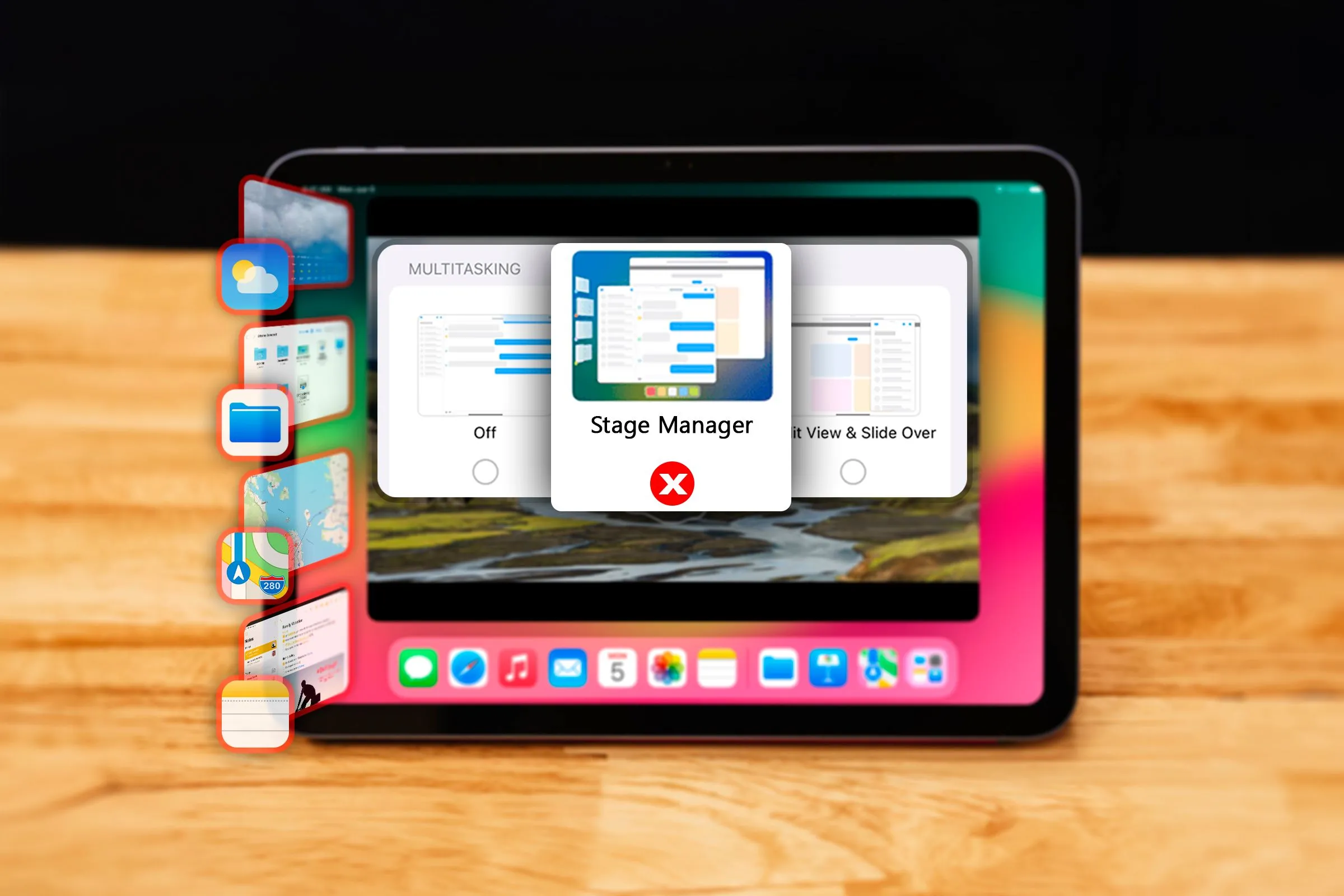 Giao diện iPad hiển thị cài đặt đa nhiệm, bao gồm tùy chọn cho Stage Manager.