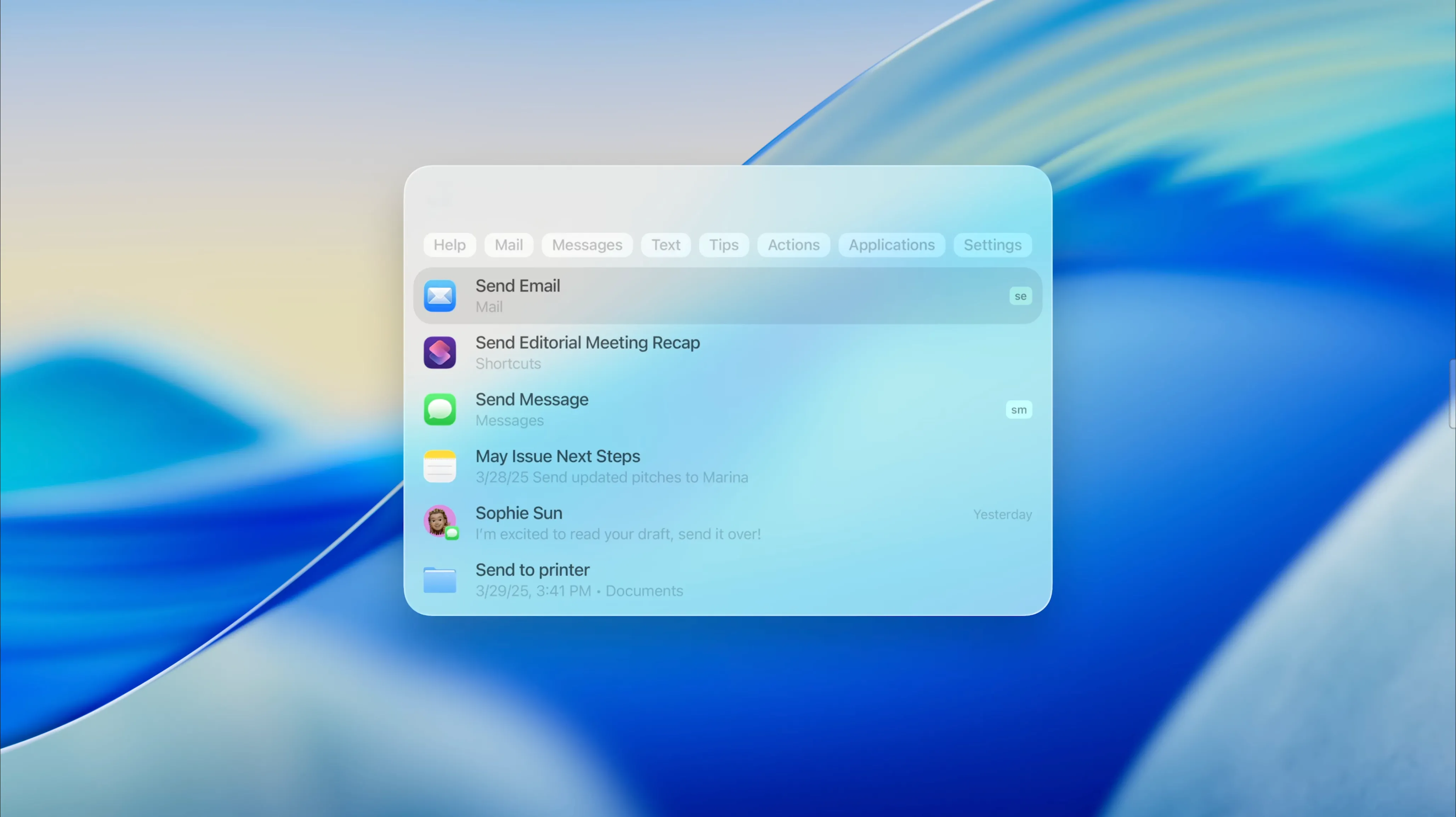 Giao diện Spotlight được nâng cấp trên macOS 26 Tahoe, hiển thị các hành động và phím tắt nhanh.