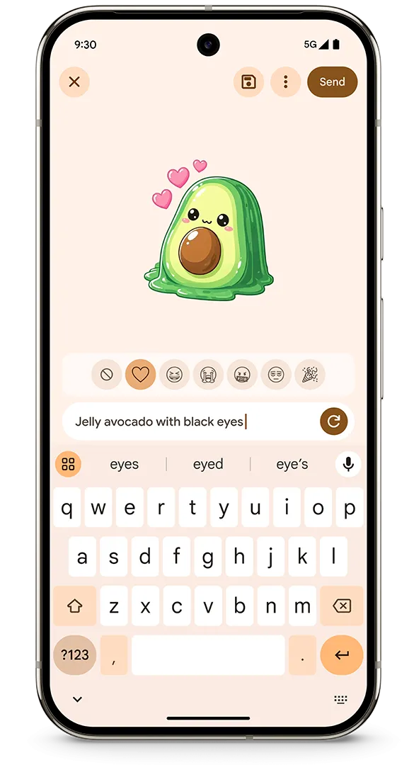 Giao diện tạo nhãn dán tùy chỉnh bằng AI trong Gboard thông qua Pixel Studio trên điện thoại Pixel