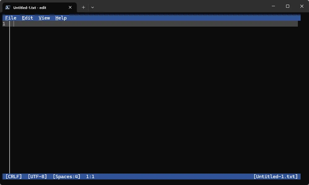 Giao diện tối giản với các nút File, Edit, View, Help của Microsoft Edit