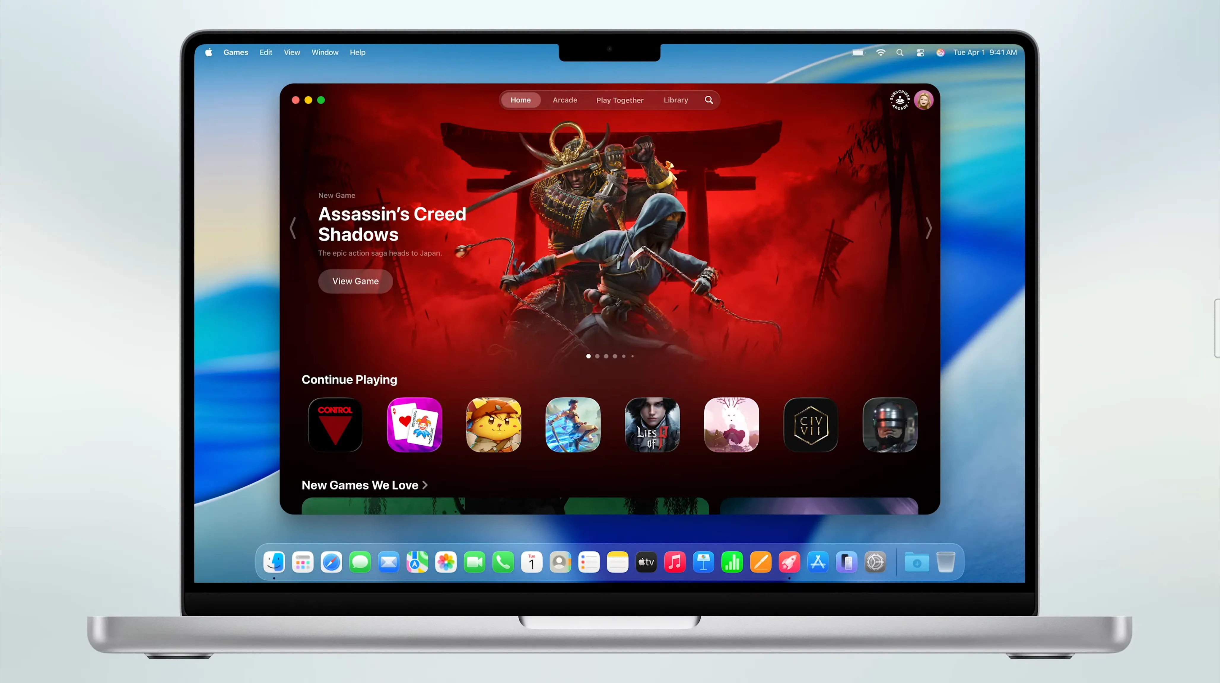 Giao diện ứng dụng Trò chơi (Games app) mới trên macOS 26 Tahoe, tập trung quản lý game và kết nối bạn bè.