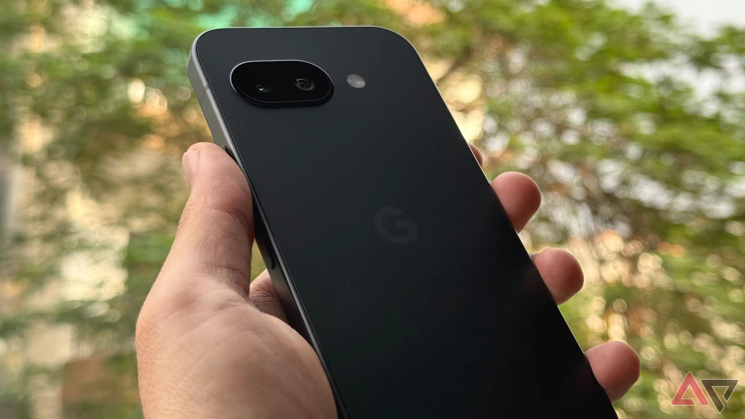 Hình ảnh điện thoại Google Pixel 9a đang được cầm chụp gần một thân cây lớn