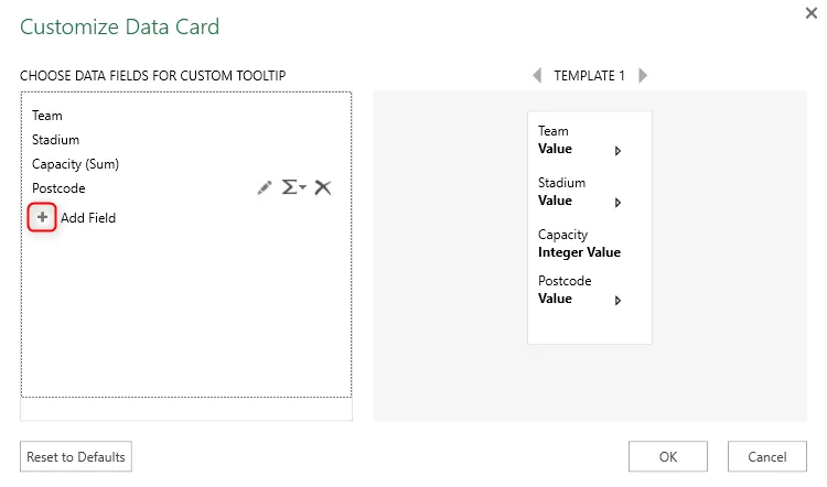 Hộp thoại Customize Data Card (Tùy chỉnh thẻ dữ liệu) trong cửa sổ 3D Map của Excel.