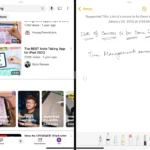 iPad hiển thị chế độ chia đôi màn hình (Split View) với ứng dụng YouTube và Ghi chú (Notes) chạy song song, minh họa khả năng đa nhiệm cơ bản.
