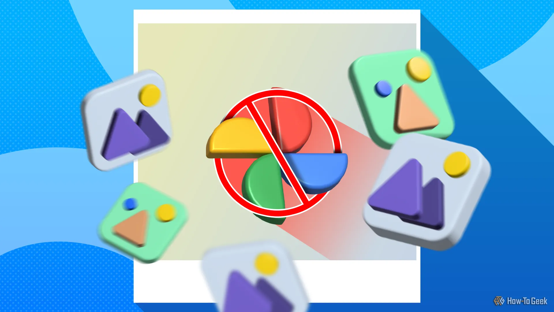 Logo Google Photos bị gạch chéo với các ảnh xung quanh, minh họa sự thay thế bằng giải pháp tự host Immich