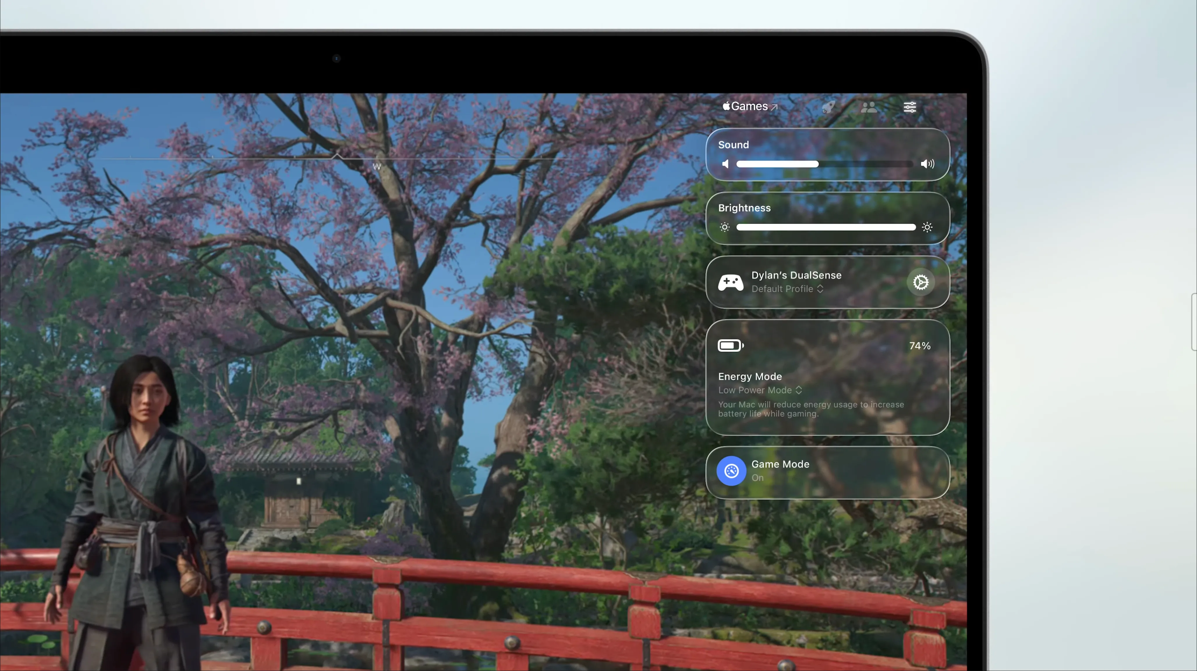 Lớp phủ trò chơi (Game overlay) mới trên macOS 26 Tahoe, cho phép truy cập cài đặt và bạn bè trong game.