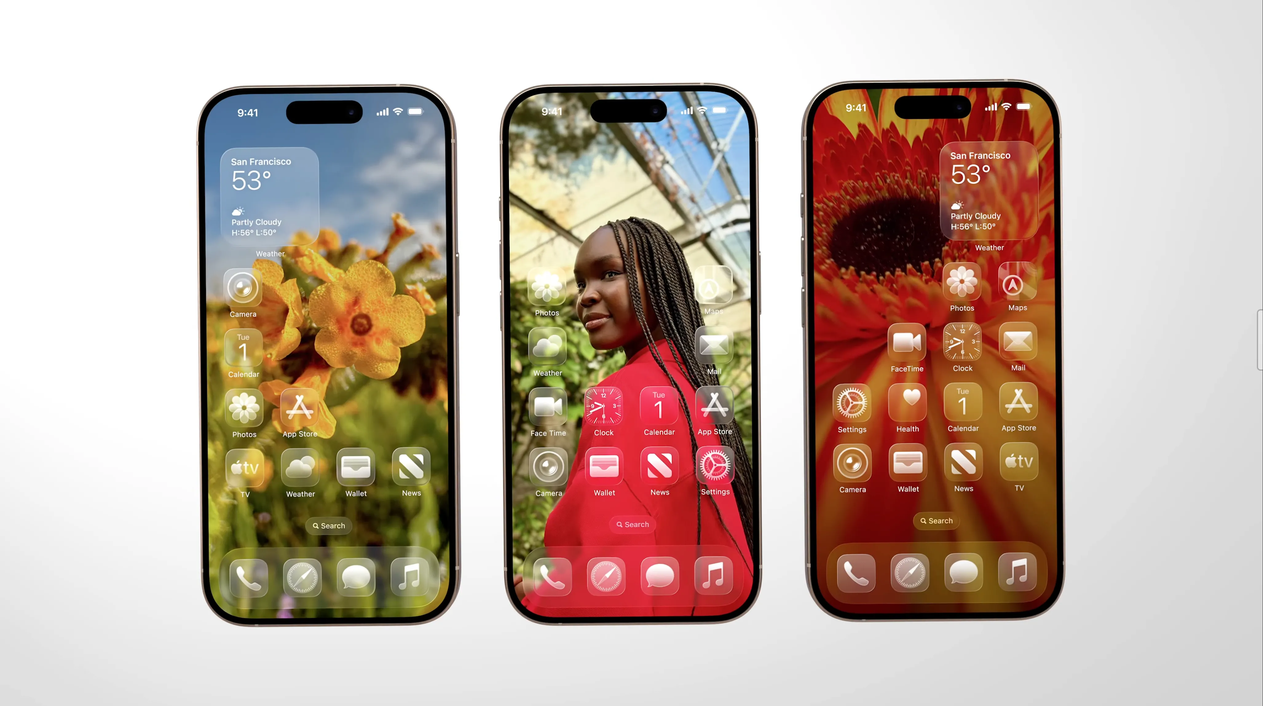 Màn hình chính iOS 26 với chế độ Clear Look, làm nổi bật hình nền
