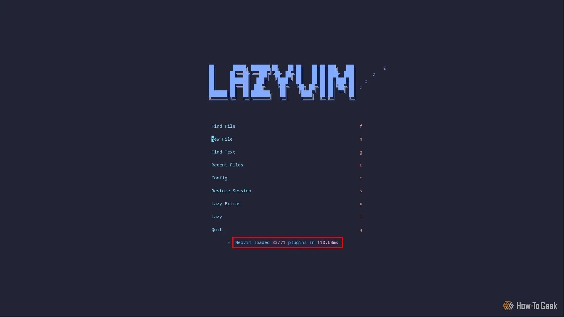 Màn hình chính LazyVim trong Neovim hiển thị thời gian khởi động nhanh chỉ 110ms với nhiều plugin được tải.