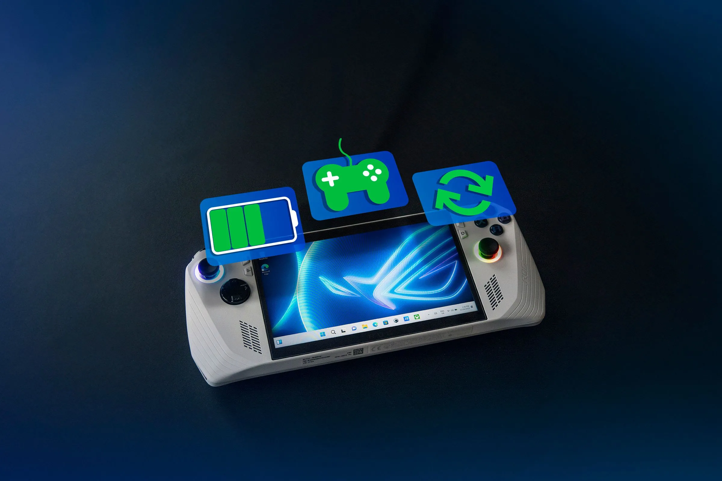 Máy ASUS ROG Ally, biểu tượng pin và game, minh họa tối ưu thời lượng pin trên Windows handheld.