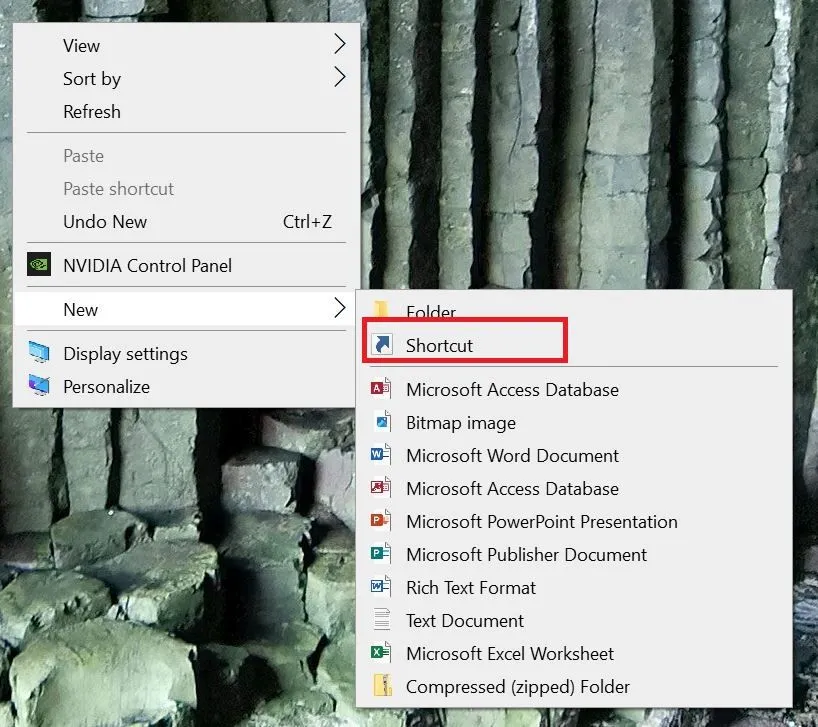Menu chuột phải khi tạo shortcut mới trên màn hình desktop Windows