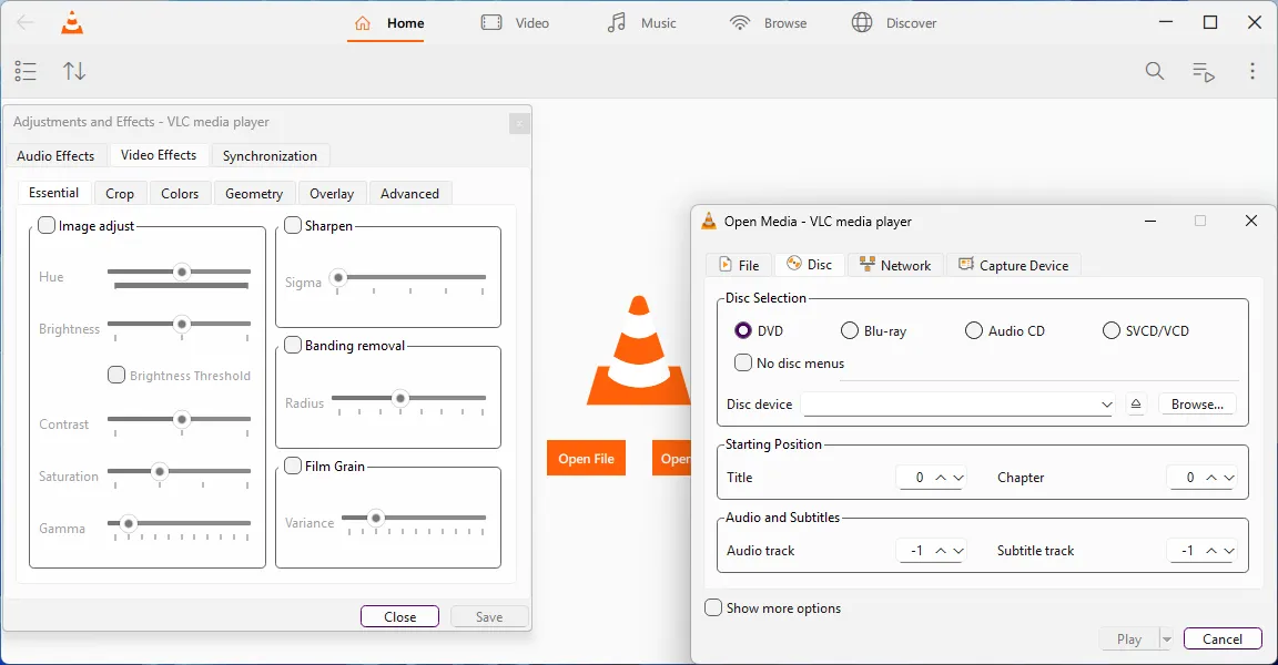 Menu Open Media và Video Effects trong phiên bản VLC 4.0, hiển thị các tùy chọn mở và chỉnh sửa video