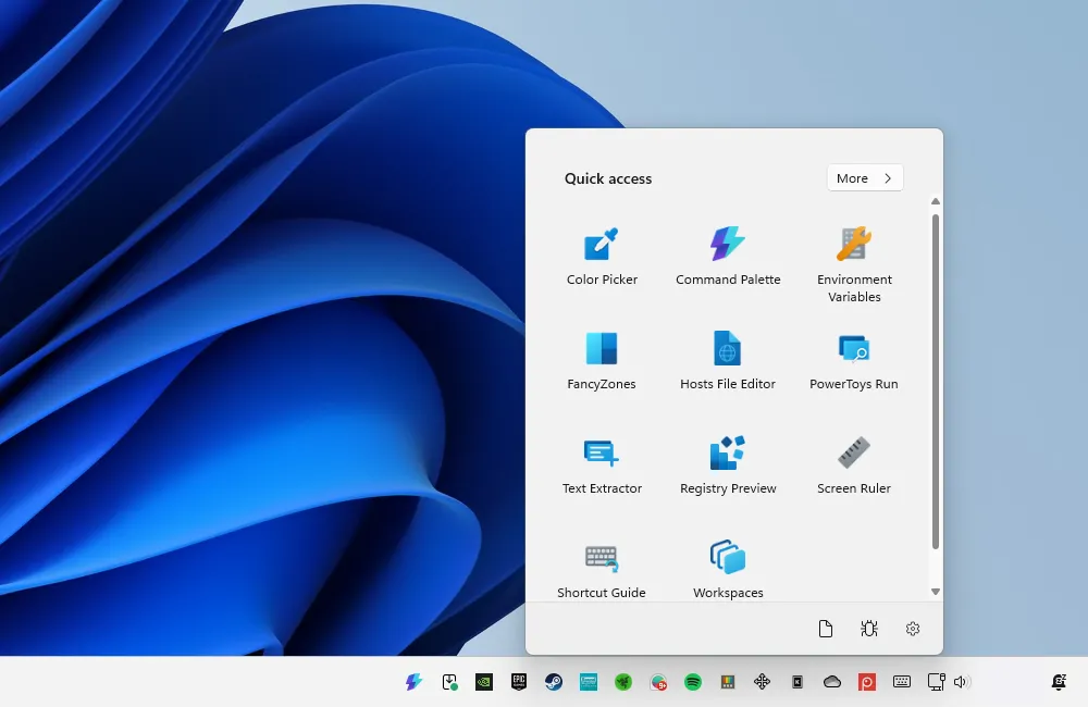 Menu truy cập nhanh của Microsoft PowerToys trên Windows, hiển thị các tiện ích con