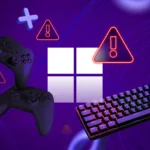 Minh họa Windows gặp vấn đề khi chơi game trên PC với cảnh báo, controller và bàn phím.
