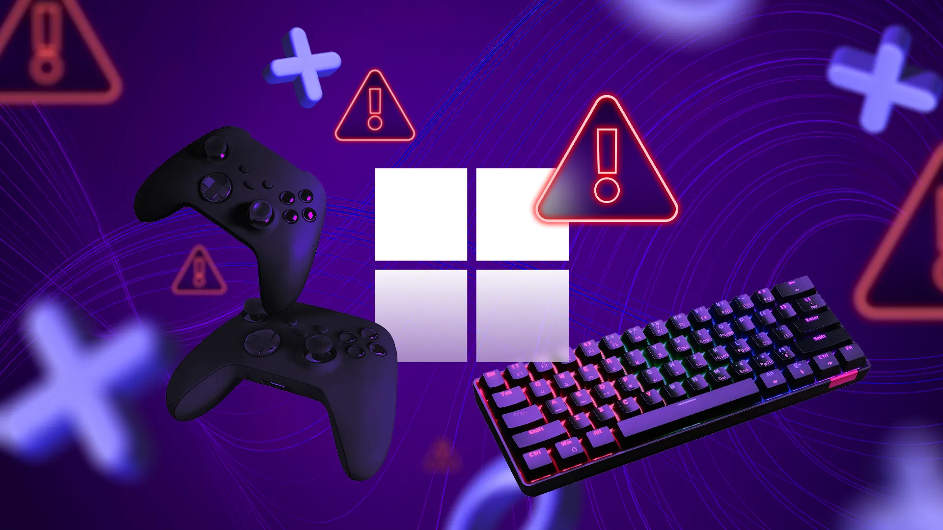Minh họa Windows gặp vấn đề khi chơi game trên PC với cảnh báo, controller và bàn phím.