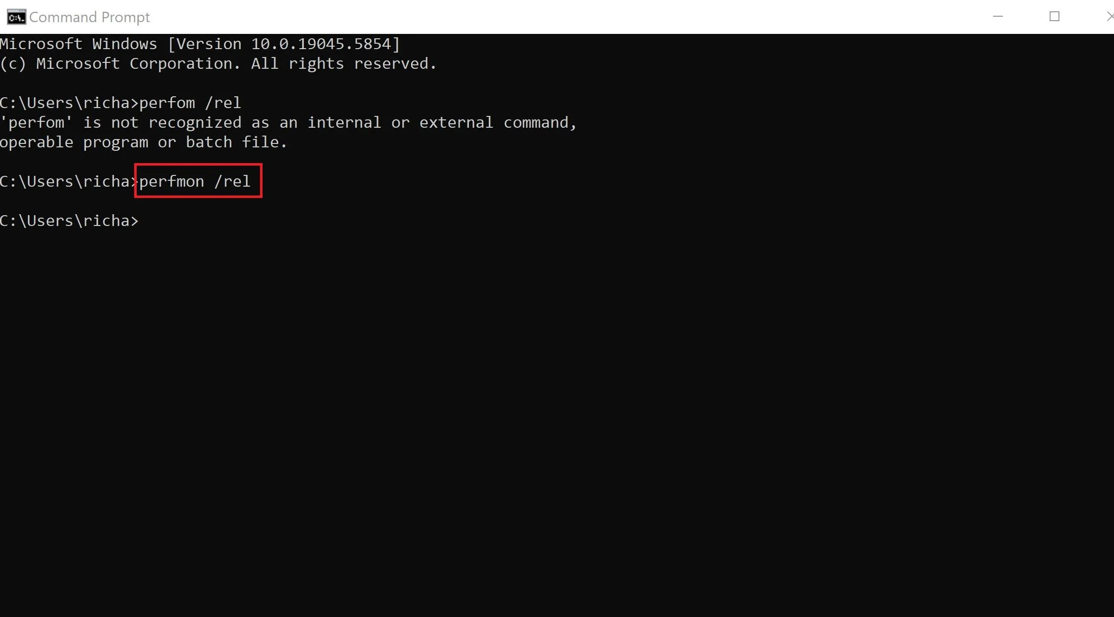 Mở Reliability Monitor bằng lệnh perfmon /rel trong Command Prompt