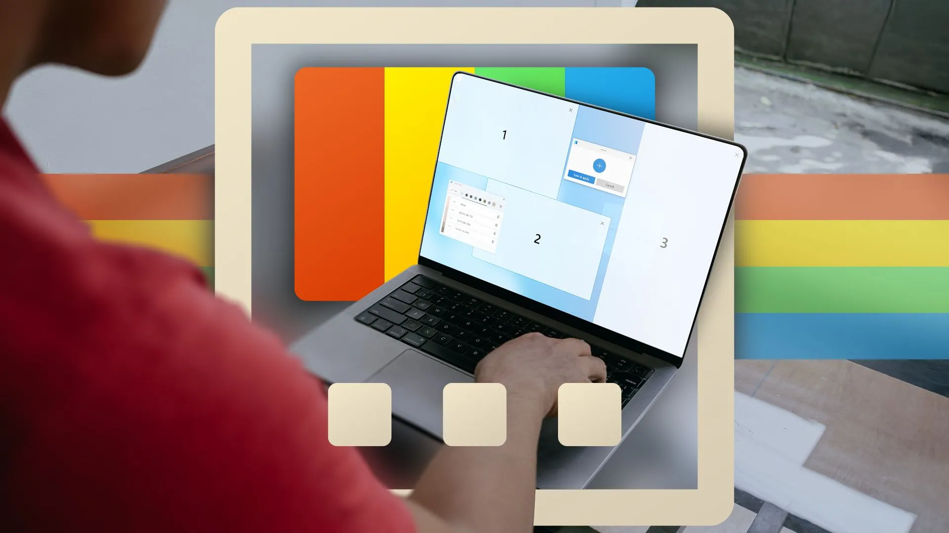 Một người đàn ông sử dụng laptop với tính năng FancyZones của PowerToys đang được làm nổi bật, minh họa công cụ quản lý cửa sổ