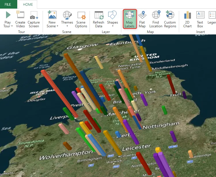 Nhãn bản đồ được kích hoạt trong công cụ 3D Map của Excel.