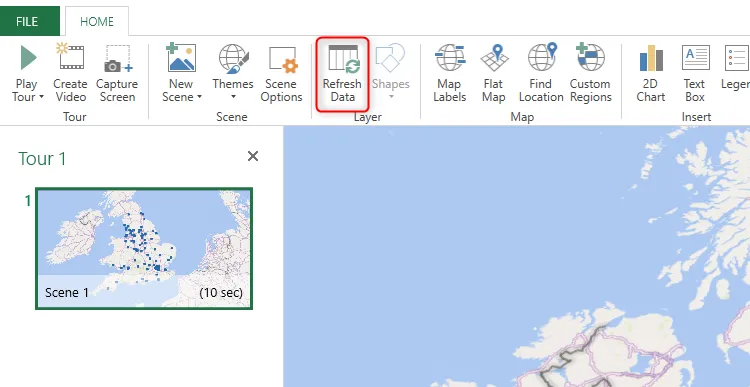 Refresh Data được chọn trong cửa sổ 3D Map của Excel.