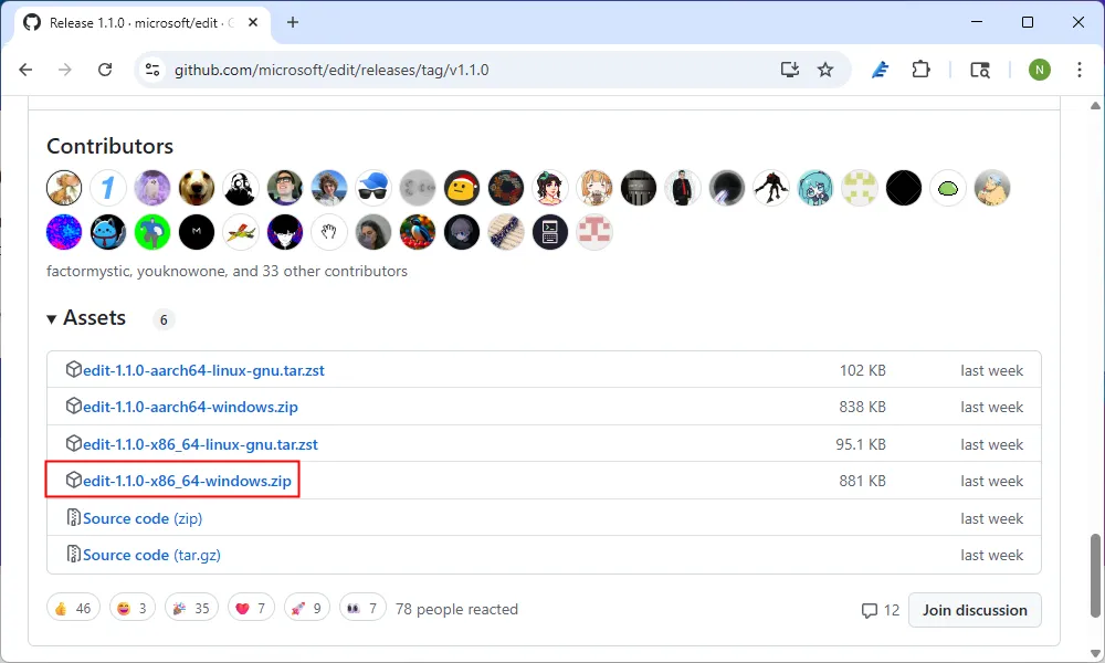 Tải file ZIP cài đặt Microsoft Edit từ trang GitHub Releases
