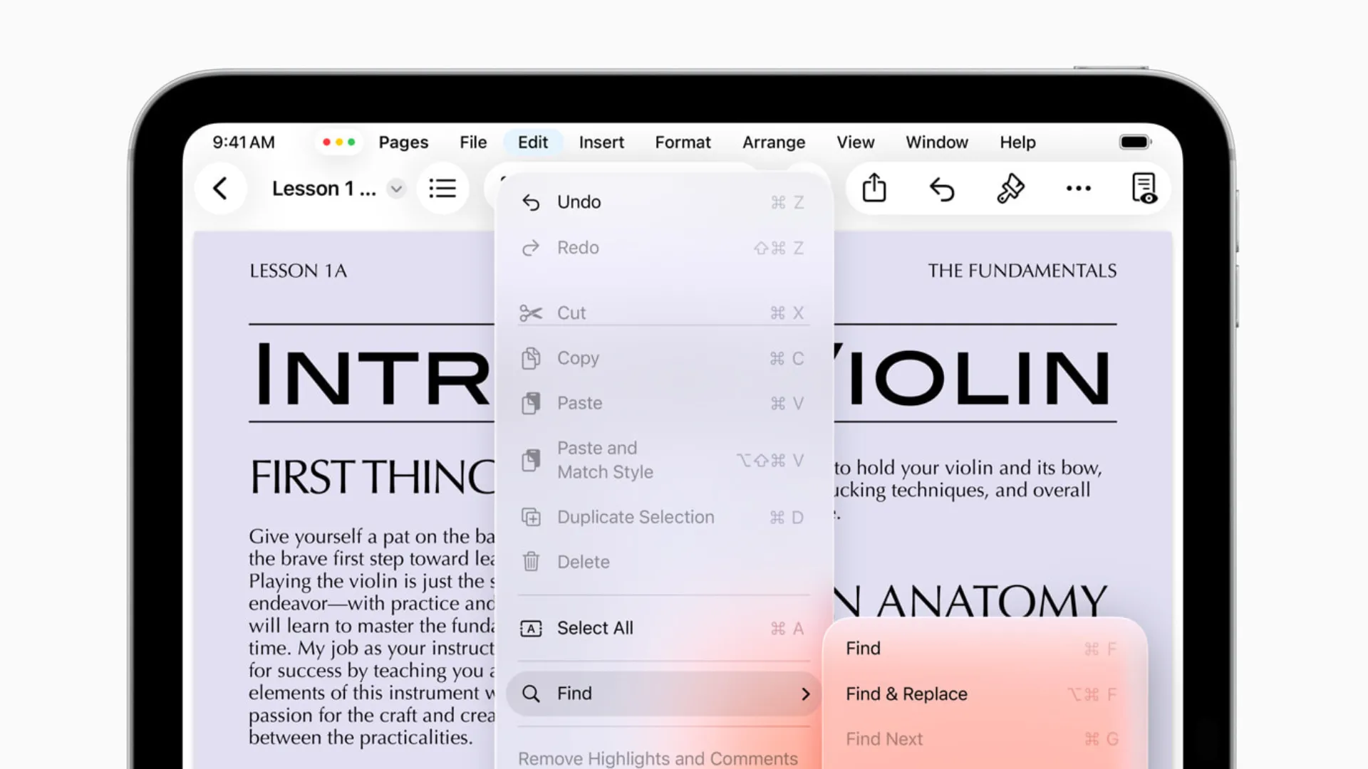 Thanh Menu ứng dụng mới trên iPadOS 26 hiển thị các tùy chọn như File, Edit, Insert