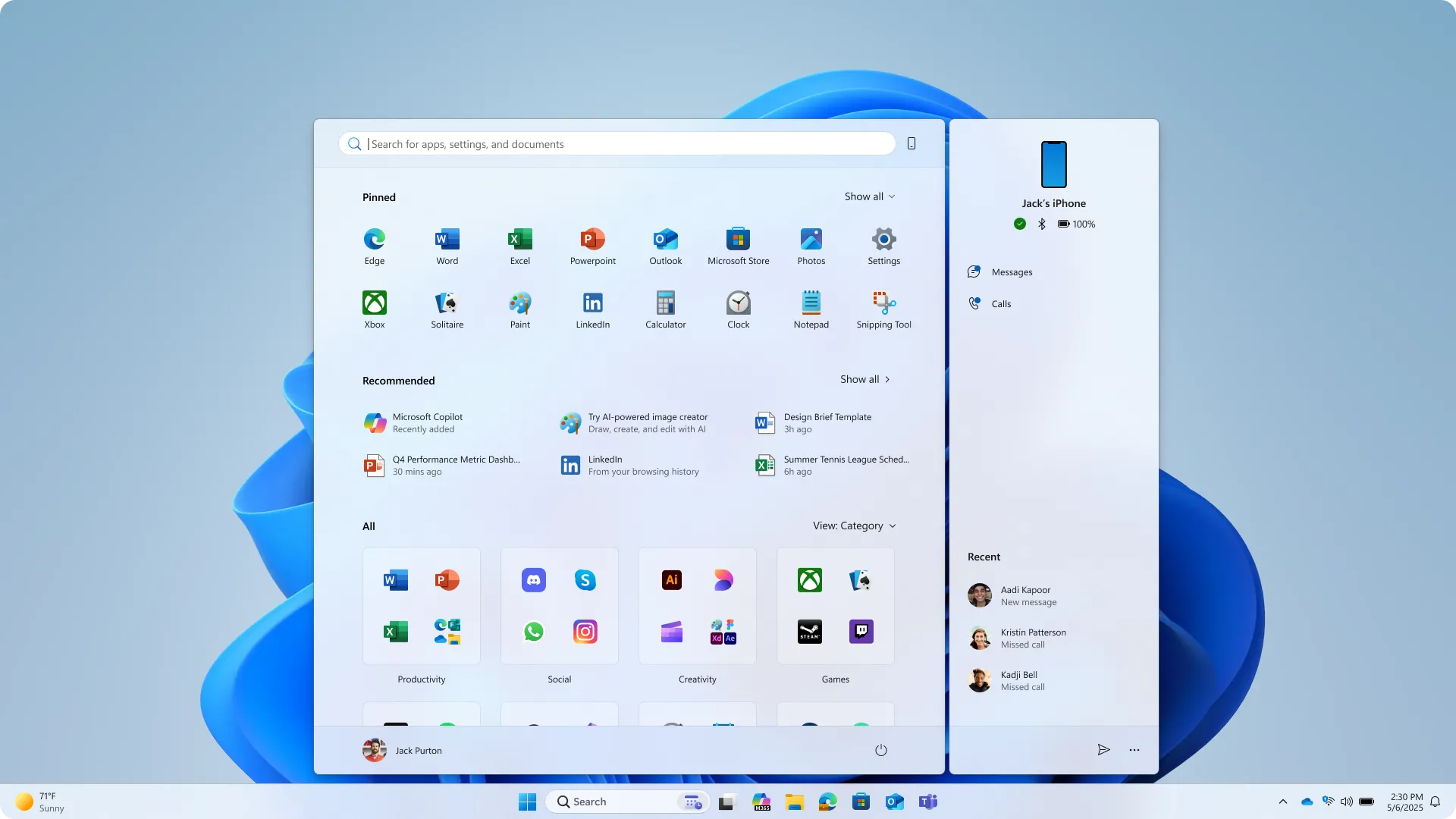 Thiết kế Menu Start mới của Windows 11 với khu vực ghim, đề xuất và cuộn ứng dụng