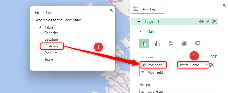 Trường Postcode trong Field List của Excel được kéo đến trường Location trong Ngăn Lớp của cửa sổ 3D Map và Mã bưu chính được chọn trong menu thả xuống.