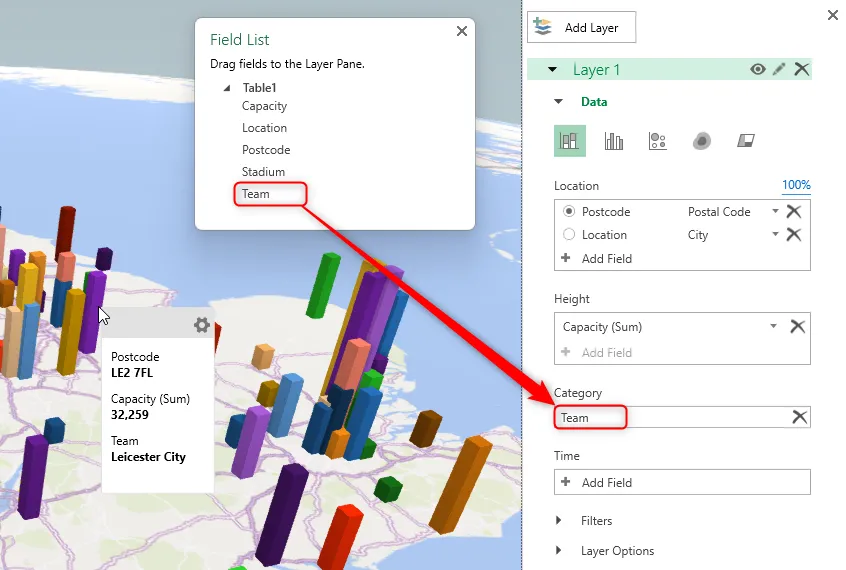 Trường Team (Đội) được thêm vào phần Category (Phân loại) của Ngăn Lớp trong cửa sổ 3D Map của Excel và nhãn dữ liệu trên bản đồ được hiển thị.