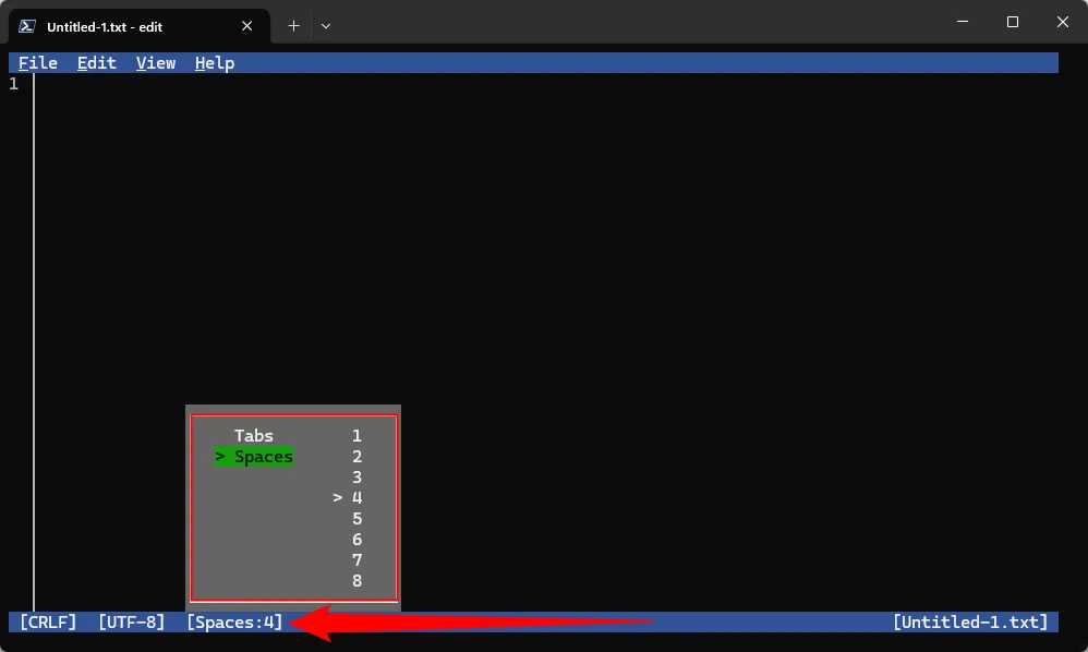 Tùy chọn chuyển đổi giữa sử dụng khoảng trắng hoặc tab trong Microsoft Edit