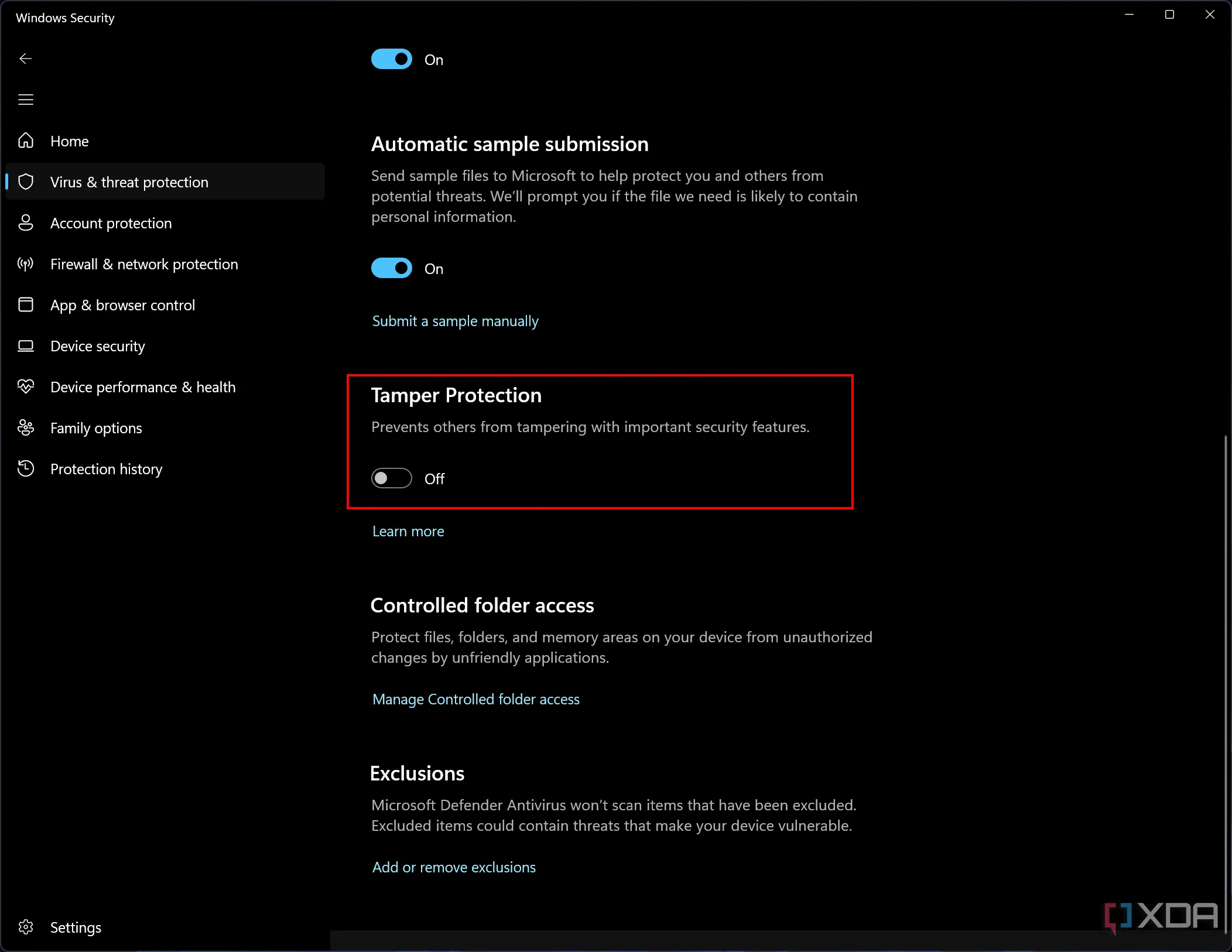 Ảnh chụp màn hình Microsoft Defender cho thấy tính năng Chống giả mạo (Tamper Protection) đã bị tắt.