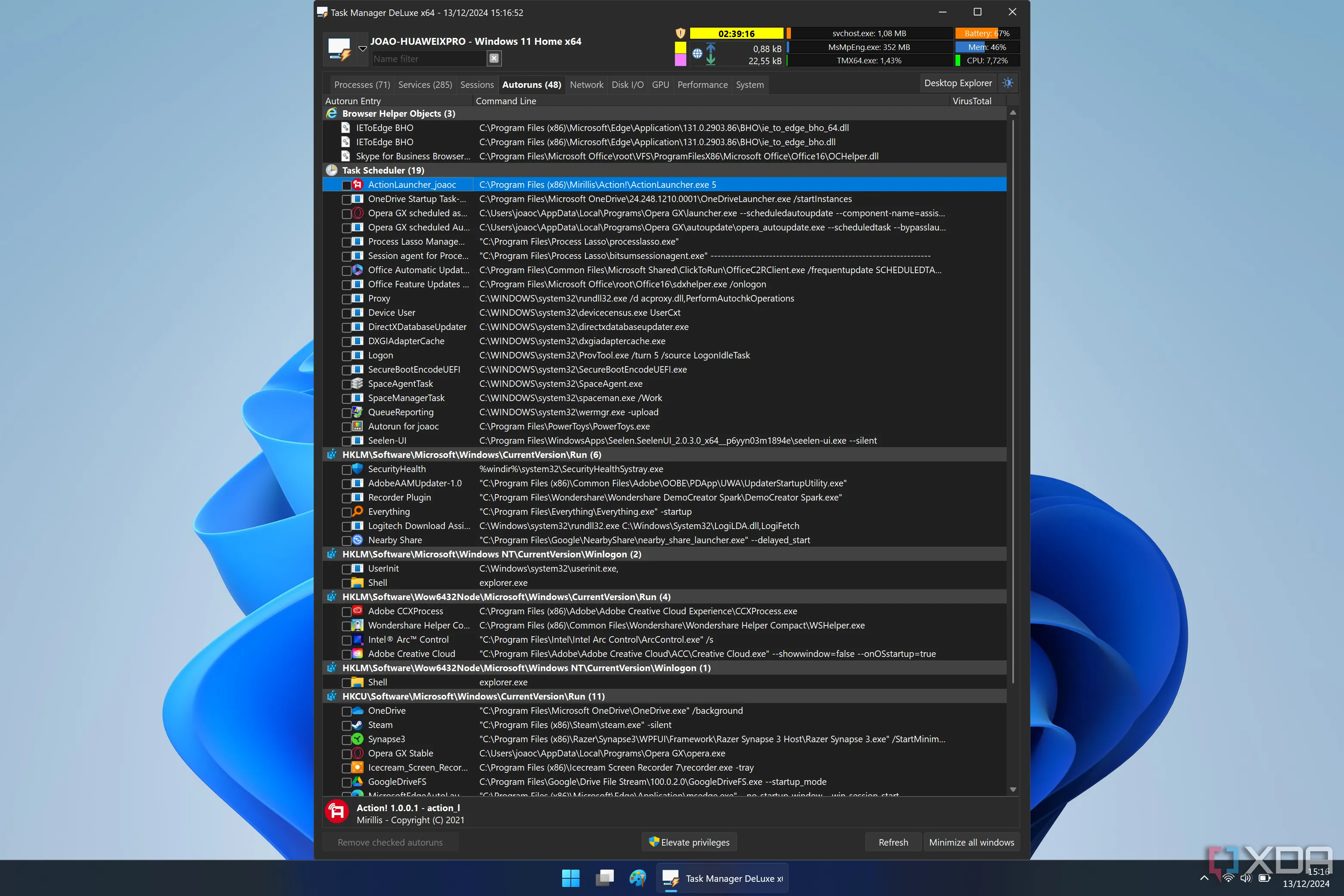 Ảnh chụp màn hình tab &quot;Autoruns&quot; của Task Manager DeLuxe, liệt kê chi tiết các chương trình khởi động tự động trên Windows, giúp người dùng gỡ bỏ những mục không mong muốn.