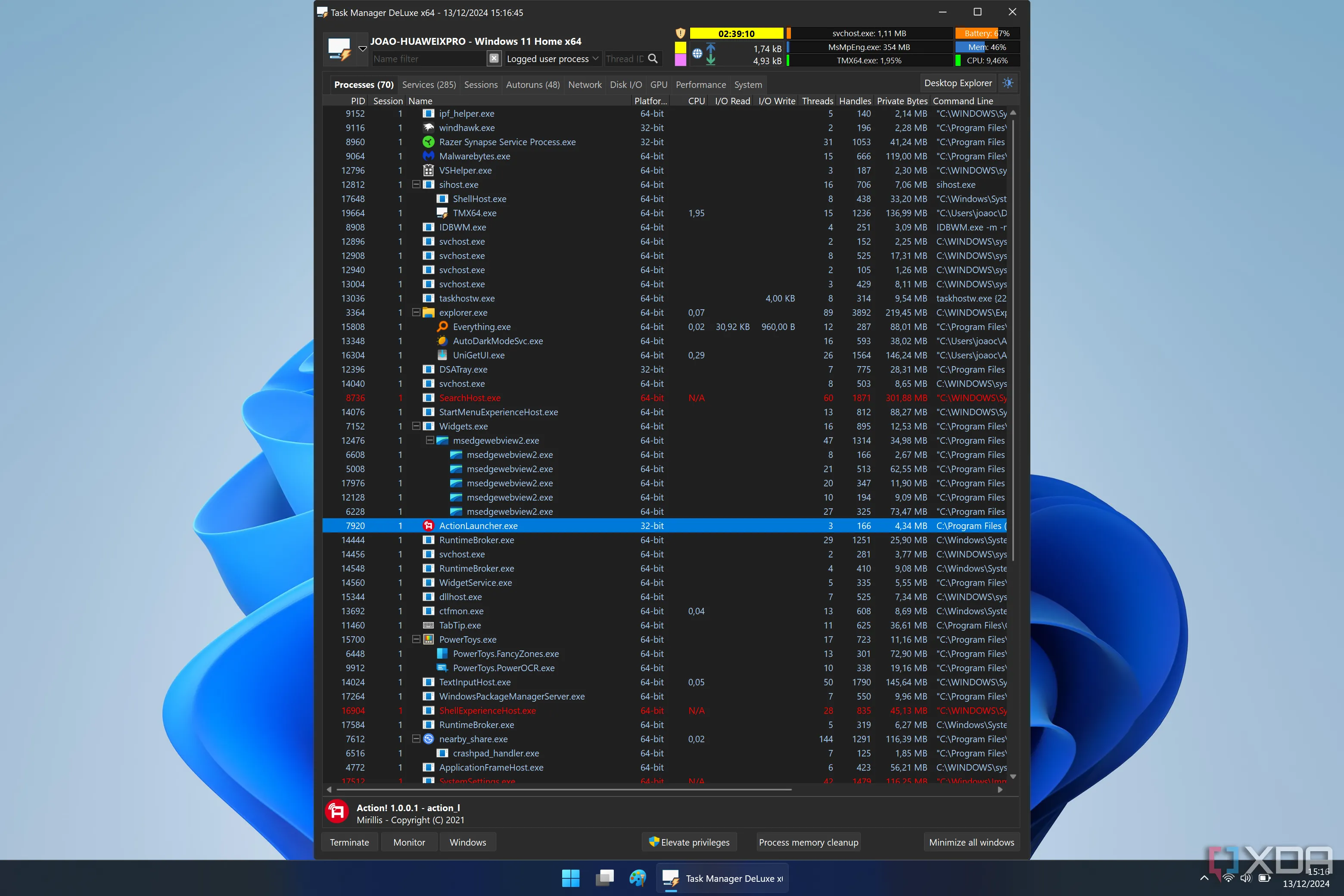 Ảnh chụp màn hình tab &quot;Processes&quot; trong Task Manager DeLuxe hiển thị thông tin chi tiết về các tiến trình đang chạy, bao gồm mức sử dụng CPU, RAM, ổ đĩa và số luồng.