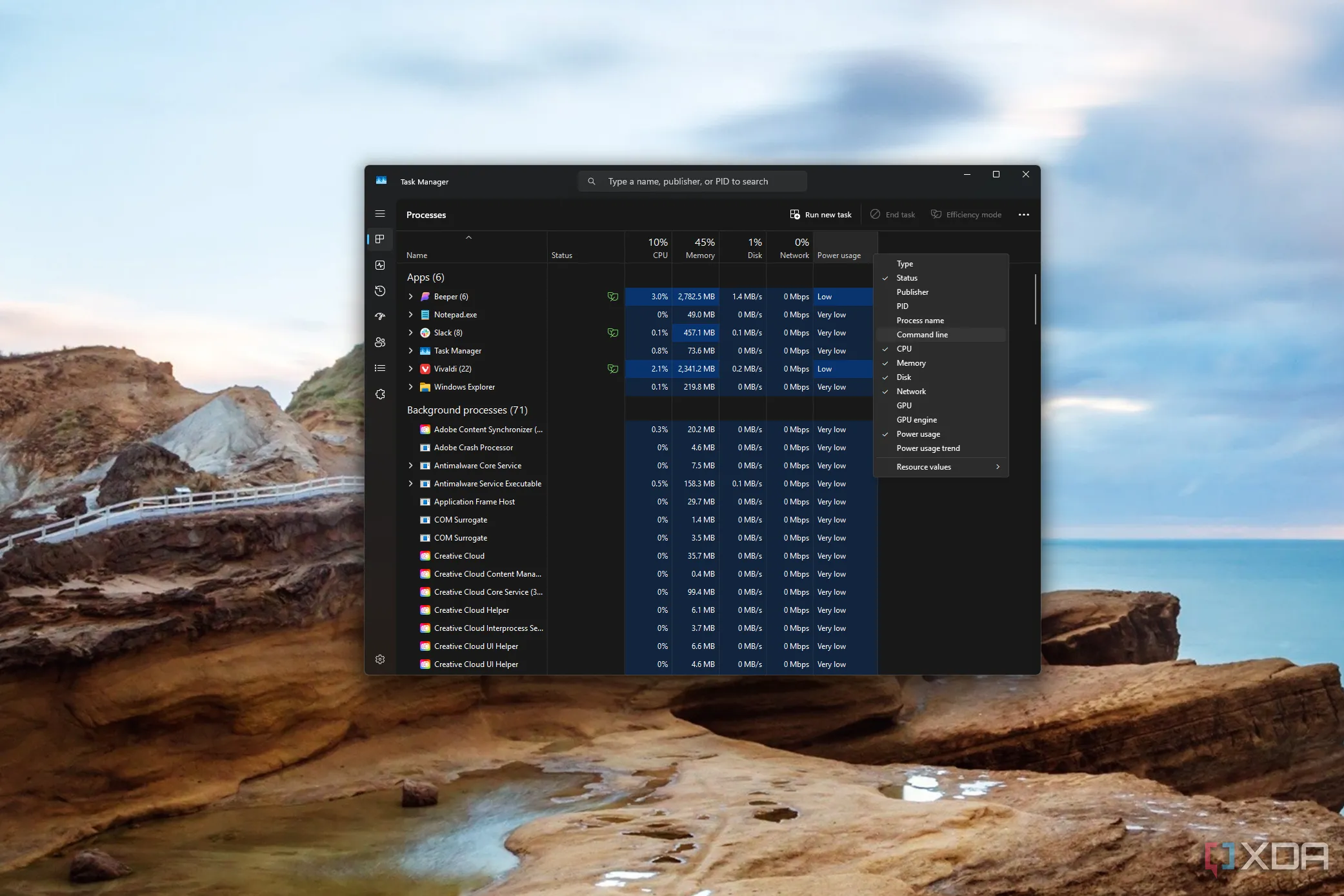 Ảnh chụp màn hình Task Manager mặc định của Windows hiển thị tab Tiến trình với các tùy chọn cột bổ sung, minh họa sự giới hạn so với các ứng dụng thay thế.